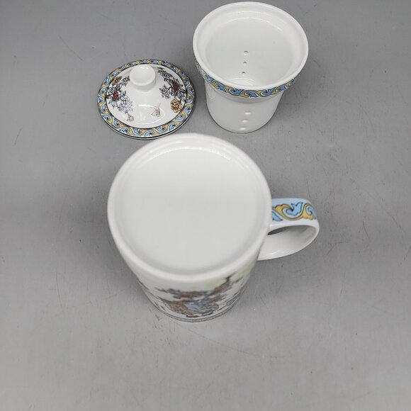 6" Asian Oriental 3 Piece Tea Infuser Mug w/Lid Ceramic Coffee Cup - Picture 4 of 5